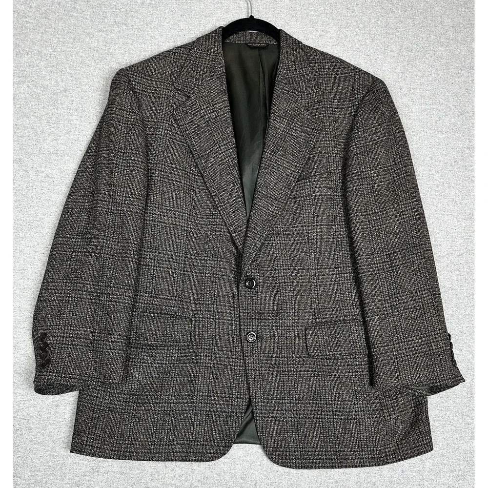 Vintage Bill Blass Blazer Mens Brown Wool‎ Glen Plaid Sport Coat Jacket Made USA